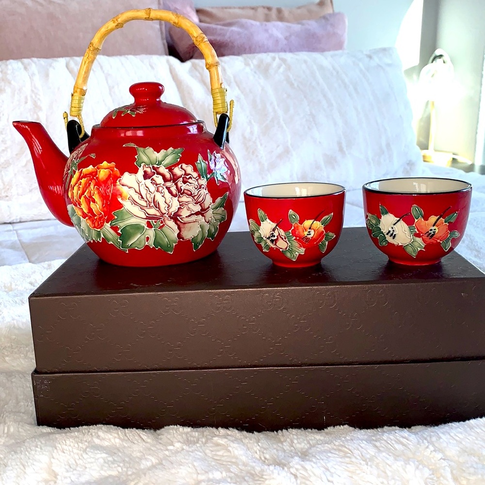 tea pot set red with flowers hand painted